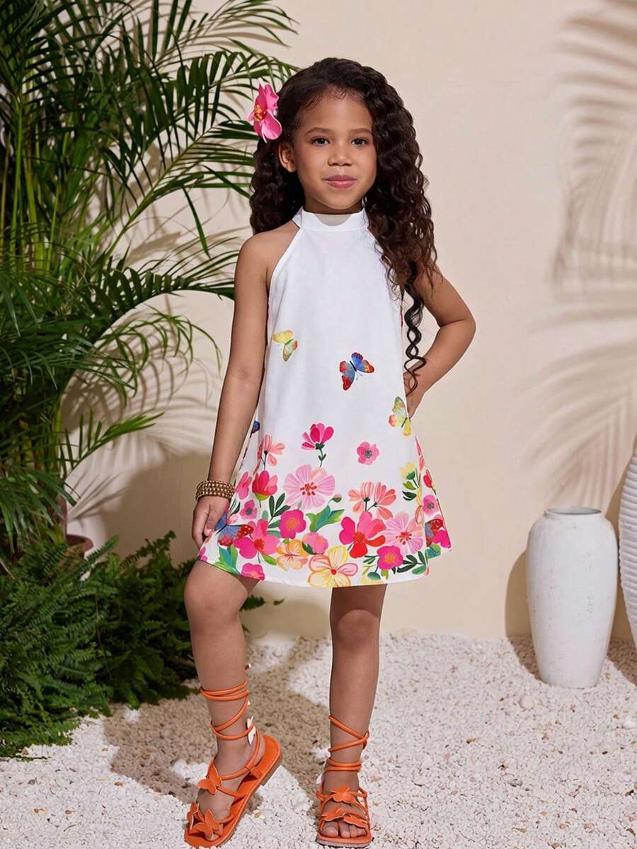 1-Piece Young Girl Woven Floral Print Sleeveless Fitted Pullover Dress, Spring/Summer Style - White - View 1