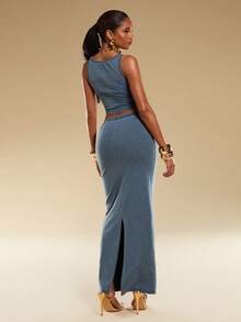 Normani 女士夏季时尚修身露脐无袖上衣和牛仔裙套装 - 中等水洗藍 - 查看 3