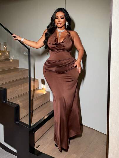 NU&NOW Plus Size Women's Summer Brown Glossy Elastic Fabric Sexy Draped Neck Ruched Metal Buckle Decor Halter Tie Elegant Mermaid Maxi Dress, Graduation Prom, Cosplay