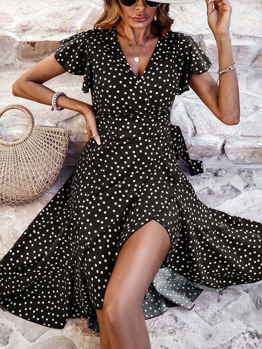 Breezaya Vestido envolvente elegante de mujer con estampado de lunares y mangas con volantes, adecuado para vacaciones - Negro - Ver 1