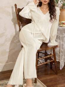 Côtesoire Women's Elegant Romantic Lace Ruffle Tie-Up Comfortable Casual White Pajama Set - Yellow - View 3