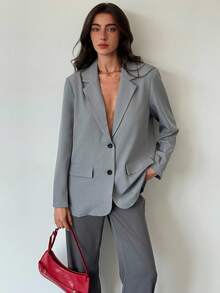 Aloruh Young Street Style Minimalist Grey Textured Oversize Long Sleeve Loose Women's Blazer For Commuting Winter,Business Casual, Elegant, Baggy/Going Out Old-Fashioned Suit/Grey Suit/Casual - Grey - View 8