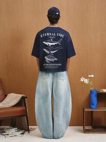 TOKVUE Men's Slogan Shark Print Round Neck Casual Short Sleeve T-Shirt - Navy Blue - View 5