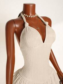 Mistrie Lace-Up Ruffle Hem Solid Color Halter Twist Front Jumpsuit - Apricot - View 4