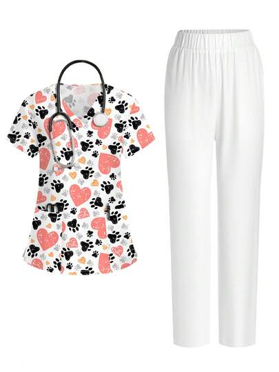 PopScrub 2pcs Set Women V-Neck Short Sleeve Pocket Hanging Ear Design Cartoon Heart & Animal Paw Print Top & Pants, Spring/Summer Nurse Uniform, Uniform Set