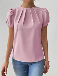 Rafferiza Blus Wanita Elegan Kasual Warna Polos dengan Hiasan Renda, Kerah Berkerut, dan Lengan Bentuk Kelopak Bunga - Berwarna merah muda - View 4