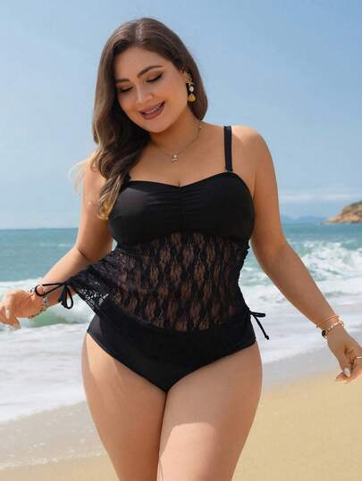 Swim Lushoire בגד ים ביקיני שני חלקים לנשים במידות גדולות עם טלאים תחרה וצווארון נשלפים