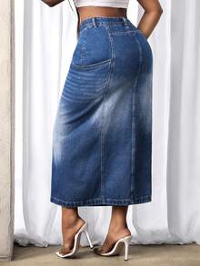 Slaydiva 女士休闲水洗牛仔开衩裙 - 中等水洗藍 - 查看 2