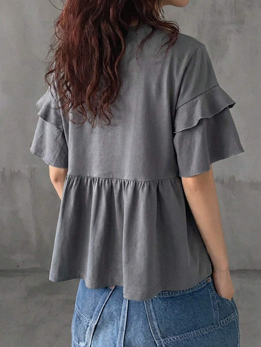 FRIFUL Camiseta de mujer de cuello redondo, holgada, de unicolor, de manga corta, con mangas acampanadas multicapa y bajo con volantes, de corte holgado para el verano - Gris - Ver 1
