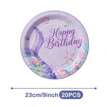 紫色美人鱼尾巴生日快乐一次性餐盘、餐巾纸和杯子套装，可供20位客人使用。这款一次性派对用品套装（包括餐盘、餐巾纸和杯子）非常适合生日派对、婚礼和家庭野餐。 - 查看 10