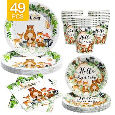 Bộ đồ dùng dùng một lần hình thú cưng dễ thương trong rừng "Hello Sweet Baby", gồm đĩa, khăn ăn và cốc, phục vụ 8 người. Bộ đồ dùng tiệc dùng một lần này (bao gồm đĩa, khăn ăn và cốc) rất phù hợp cho các bữa tiệc sinh nhật, đám cưới và dã ngoại gia đình.