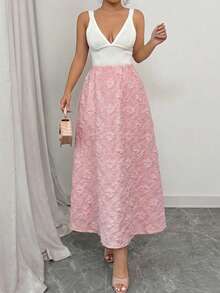 Elenzga 1pc Women's Spring/Summer Floral Jacquard Textured Ruched A-Line Elegant Skirt - Pink - View 4