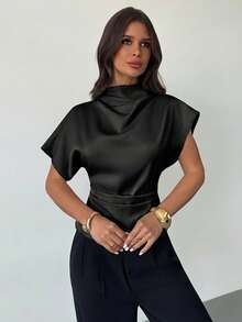 Firerie Bluză elegantă cu rever, casual, pentru femei, cămașă din satin, ținută elegantă pentru femei - Negru - Vizualizare 8