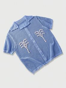 ROMWE MEN Casual Camiseta de manga corta de punto con decoración de conchas para hombre - Celeste - Ver 2