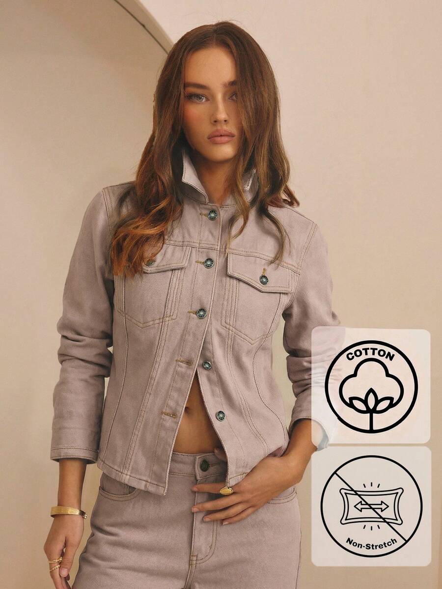 Aralina Áo khoác denim thắt eo mùa đông/hè - Bụi hồng - Xem 1