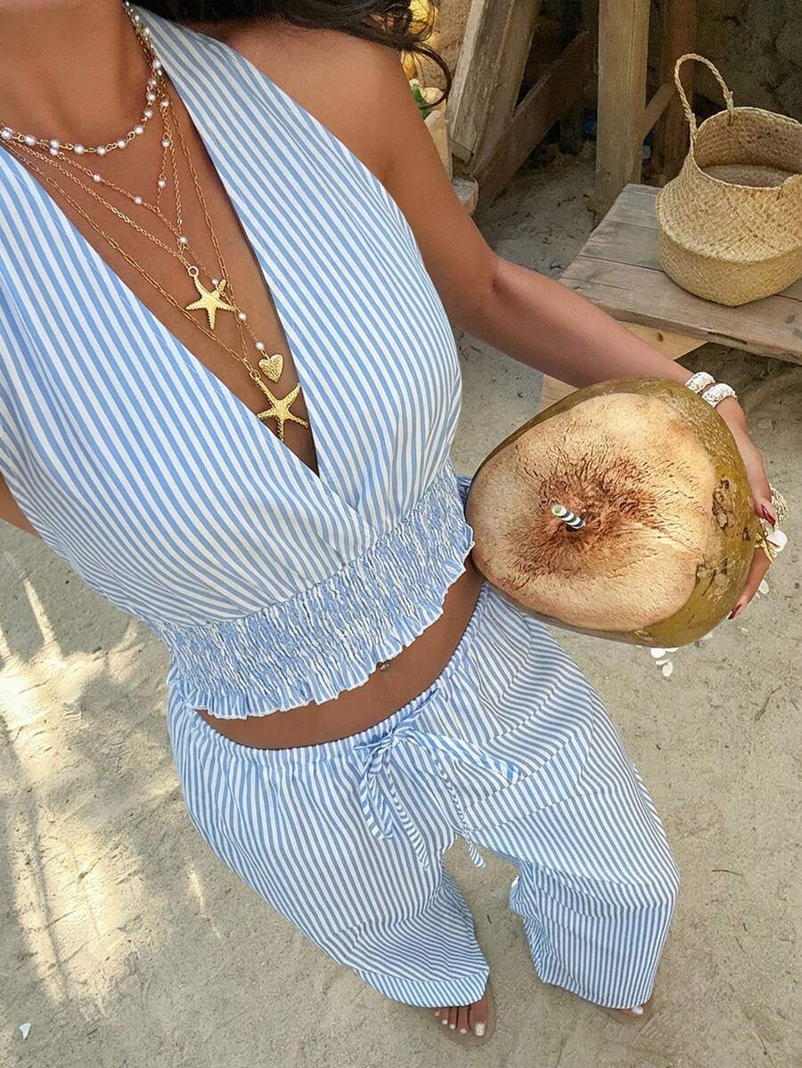 Sunnyshic Conjunto de dos piezas de top halter con fruncido en la espalda y pantalones anchos de cintura con cordón, sexy y romántico para citas y vacaciones - Azul - Ver 1