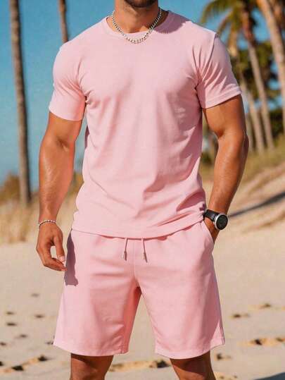 Manfinity Dauomo 男士纯色圆领短袖T恤和短裤休闲套装