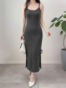 FRIFUL 2pcs Women Minimalist Commuter Front Button Jacket And Side Slit Dress Set - Grey - View 2