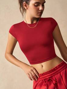 VARSIVA Solid Color Twist Back Round Neck Summer Sporty T-Shirt - Red - View 6