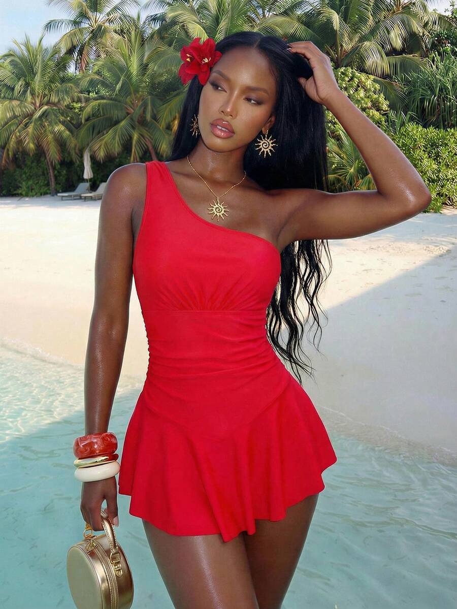 Vaytide 女士沙滩装纯色单肩闪亮面料荷叶边腰部优雅女士连体泳衣 - 紅色 - 查看 1