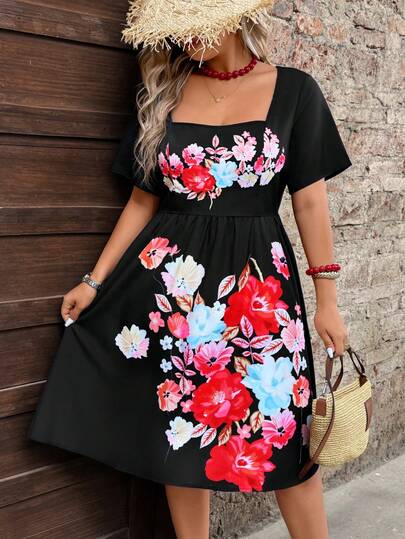 Breezaya Rochie midi casual de vacanță pentru femei, mărime plus, cu imprimeu floral, culoare solidă, talie strânsă, decolteu pătrat