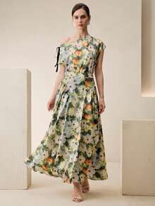Anewsta Bộ đồ 2 món dành cho nữ, thanh lịch, lãng mạn, in họa tiết hoa, cổ bất đối xứng, gồm áo và chân váy xếp ly. - Nhiều màu - Xem 3