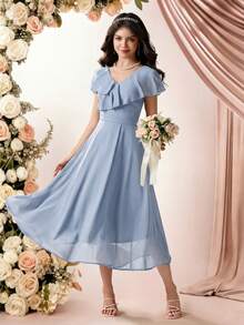 Pitira Đầm chiffon màu xanh dương trơn, thanh lịch, tối giản, cổ chữ V, không tay, xếp ly, eo cao, dài ngang gối, thích hợp cho bé gái dự lễ tốt nghiệp/đám cưới, hoặc đi nghỉ hè. - Màu xanh lam - Xem 6