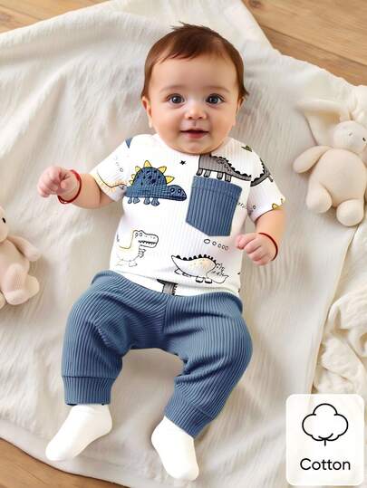SHEIN Newborn Male Baby White Pit Stripe Cartoon Dinosaur Pattern Print Splicing Green Pocket Short Sleeved Top With Green Pants Two Pieces Set Cute Casual Sports Fashion New Product Baby Boy Summer Sets Baby Boy Clothes Dinosaur Baby Unisex Clothes Sets Baby Boys Sets Baby Boy Outfit Baby Boy Sets Dinosaur Baby Boy Summer Clothes Dinosaur Baby Clothes Baby Boys Outfits
