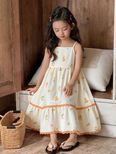 Vintaside Kids Vestido de estilo campestre con estampado de flores diminutas para niñas, elegante y lindo con un patrón de flores amarillas, adecuado para primavera/verano