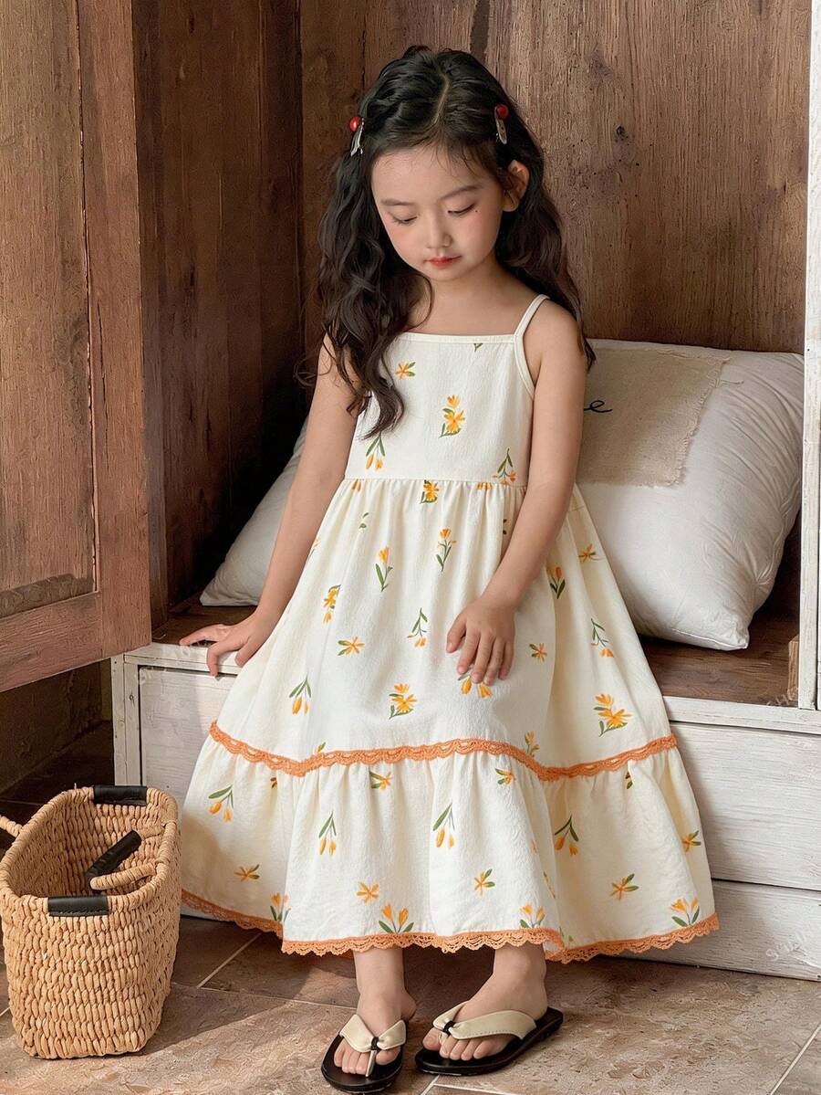 Vintaside Kids Gaun Anak Perempuan Gaya Pedesaan Motif Bunga Kecil, Elegan, Imut, Motif Bunga Kuning, Cocok untuk Musim Semi/Panas