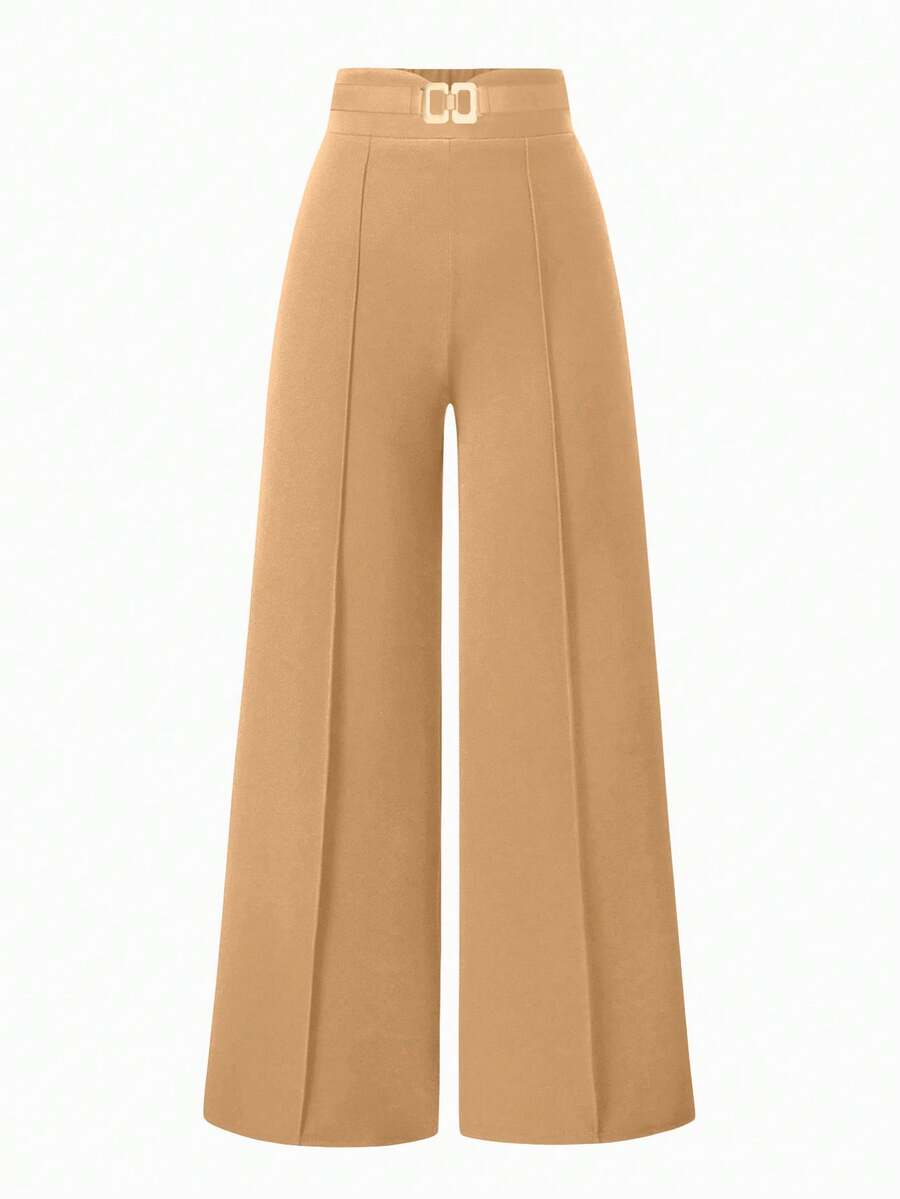 SHEIN Unity Women's Minimalist Casual Commuter Solid Color Wide Leg Pants - Khaki - View 1