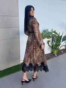Hitanina 优雅女士长袖豹纹雪纺撞色蕾丝连衣裙，秋冬 - 彩色 - 查看 2