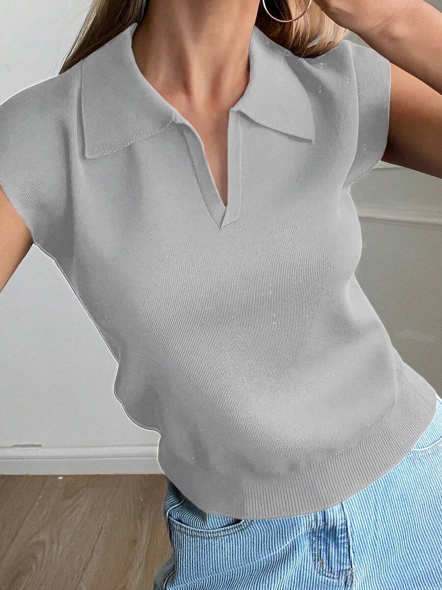 DAZY Women's Solid Color Fitted Polo Collar Elegant Formal Spring/Autumn Knit Top - Grey - View 1