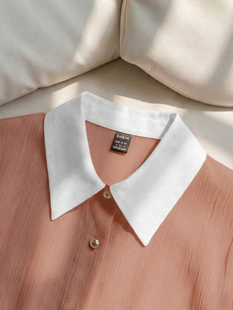 Franclia Women's Elegant Pink Chiffon Crinkle White Collar Loose Short Sleeve Blouse - Coral Pink - View 4