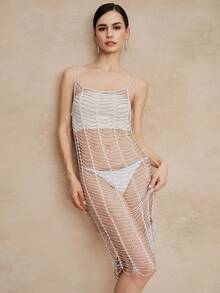 White Chain Layered Splice Hollow Out Slip Dress, Sophisticated Women's Theme Party Avant-Garde Stylish Piece - White - View 6