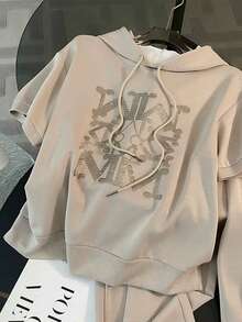 SHEIN 修身短款连帽衫插肩长袖套头衫+斜插口袋休闲裤套装 - 卡其色 - 查看 4