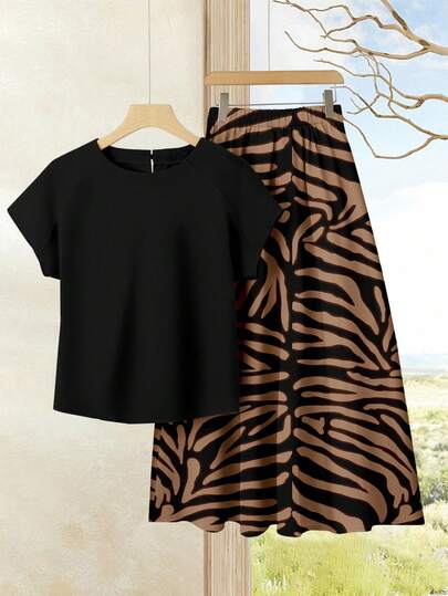 EMERY ROSE 2 piezas Conjunto casual de verano para mujer con parte superior de unicolor + falda estampada, Conjunto de verano para mujer, Conjunto de falda y blusa, Conjunto de falda y blusa para mujer, Conjunto de falda estampada