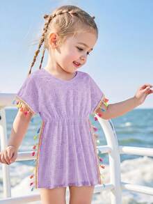 女童白色钩针网纱罩衫，适合夏季、海滩、度假穿着 - 淡紫色 - 查看 7