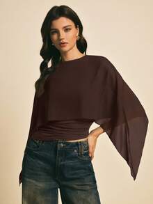 Poéselle 女士纯色圆领不对称褶皱时尚衬衫 - 摩卡棕 - 查看 4