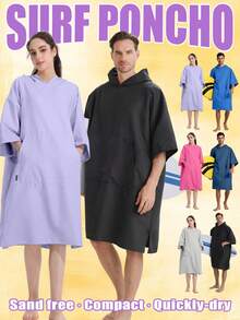 Hooded Surf Changing Robe, Wearable Beach Towel With Quick Dry Fleece, Sandproof Portable Poncho With Pocket For Swimming Pool, Unisex Outdoor Gear - Multicolor - View 1
