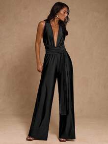 SHEIN Glamour Mono de mujer con escote en V profundo, espalda descubierta y cuello halter de moda y sexy - Negro - Ver 4