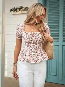 LanaWest 度假休闲碎花花瓣袖衬衫 - 粉色 - 查看 4