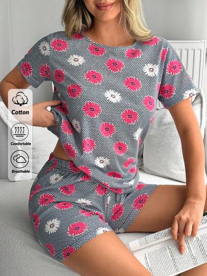 SHEIN Cotton Line Women Casual Short Sleeve Round Neck Top And Comfy Shorts With Floral Print