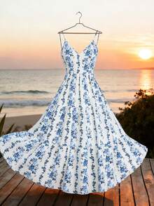 Elenzga Nuevo vestido casual elegante con cuello en V, cintura ceñida y estampado para mujeres - Azul y blanco - Ver 4