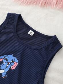 Genkimix Kids Girls' Blue Ribbed Texture Vest With Cute Blue Rabbit Print & Pink Plaid Pants 2 Pieces Comfortable Pajama Set - Navy Blue - View 3