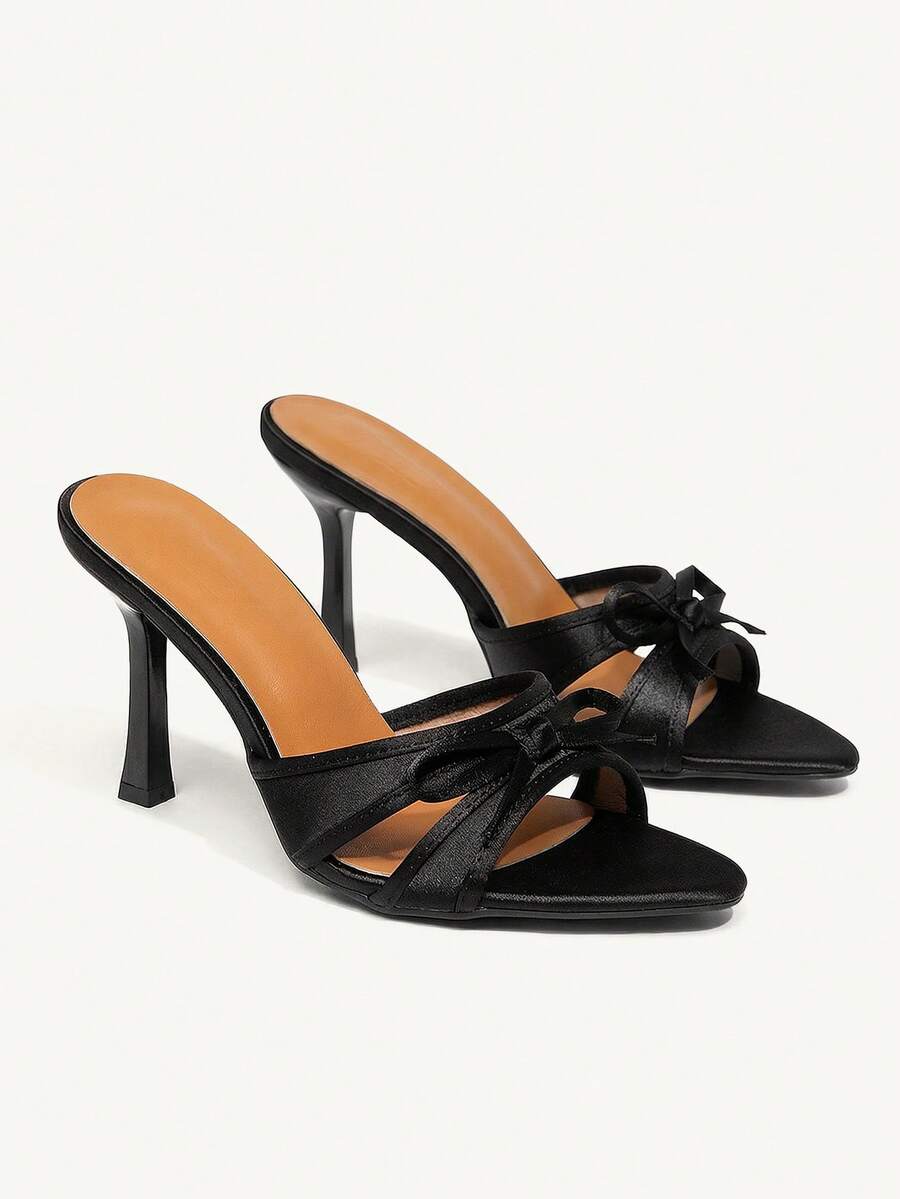 CUCCOO CHICEST 女士夏季新款尖头蝴蝶镂空设计细高跟性感黑色缎面女士高跟凉鞋，适合正式礼服、下午茶时间、约会、时尚派对、优雅度假、晚宴 - 黑色 - 查看 1