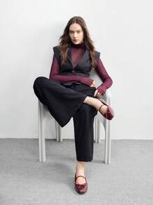 CUCCOO BIZCHIC Women's Casual Solid Color Bow Decor Versatile Flat Loafers For Christmas Spring Shoes - Bordeaux - View 3