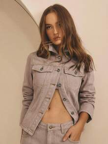 Aralina Áo khoác denim thắt eo mùa đông/hè - Bụi hồng - Xem 11