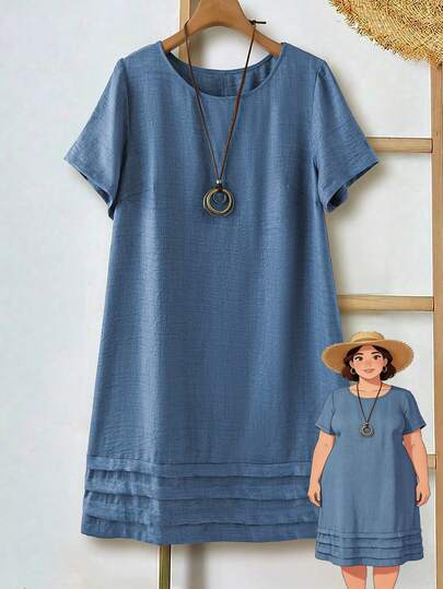 EMERY ROSE Plus Size Women Casual Solid Color Short Sleeve Dress,Summer Dresses For Women,Spring Outfit Women ,Spring Dresses ,Vacation Dresses, Blue Dresses,Vacation Outfits Women Plus Size Linen Dress Womens Linen Dress Linen Dresses For Women Summer