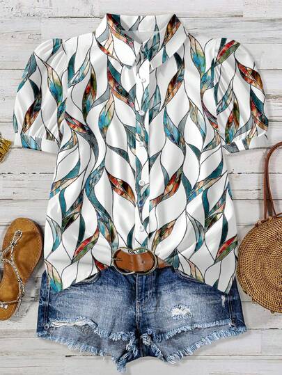 EMERY ROSE Elegant Green Leaf Print Casual Minimalist All-Over Print Shirt, Suitable For Vacation, Plus Size